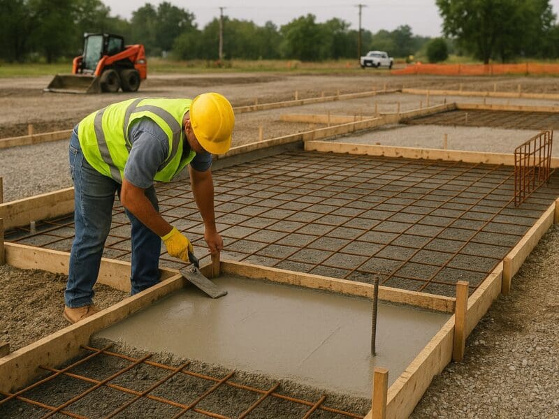 Concrete foundation being prepared for a pre-engineered metal building structure