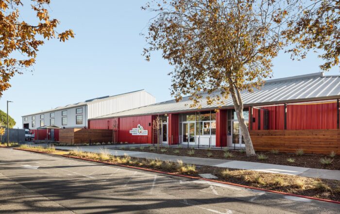 Exterior of the Alameda Food Banks new metal building in Alameda, CA